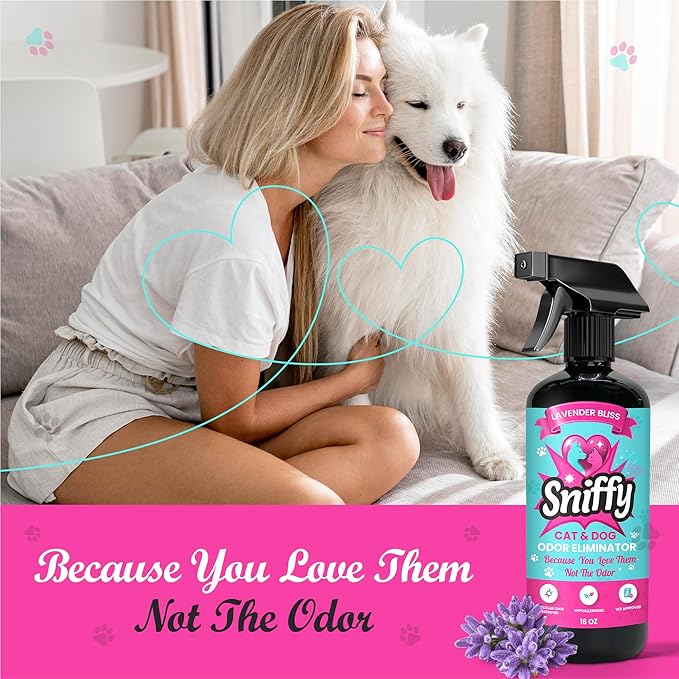 Sniffy Pet Odor Eliminator Spray Lavender Enzymatic Cleaner for Dog & Cat Urine, Litter Boxes, Carpets & Furniture, Hypoallergenic, Fabric-Safe, Vet-Approved, 2x16 oz Twin Pack, Made in USA