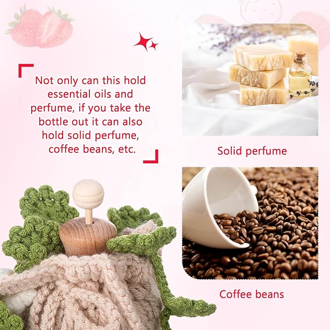 Cute Crochet Plant Car Freshener 12ml Empty Refillable Diffuser Bottle with Plants Hanging Accessories for Rearview Mirror Home Office Decor Women Mother's Day Gifts(Strawberry)