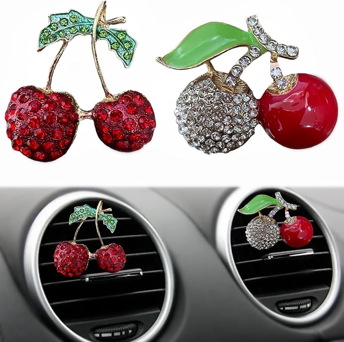 Cute Cherry Air Freshener Vent Clips Car Accessories, 2Pcs Rhinestone Cherry Air Vent Clips for Fresheners Car Decoration, Lovely Cherries Airs Freshener Vents Clip for Women Gifts