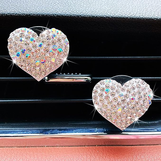 2 Pieces Bling Heart Air Vent Clips Rhinestone Car Air Freshener Clip Crystal Car Air Outlet Decorations Charm Car Inter Decor Accessories for Girls Women