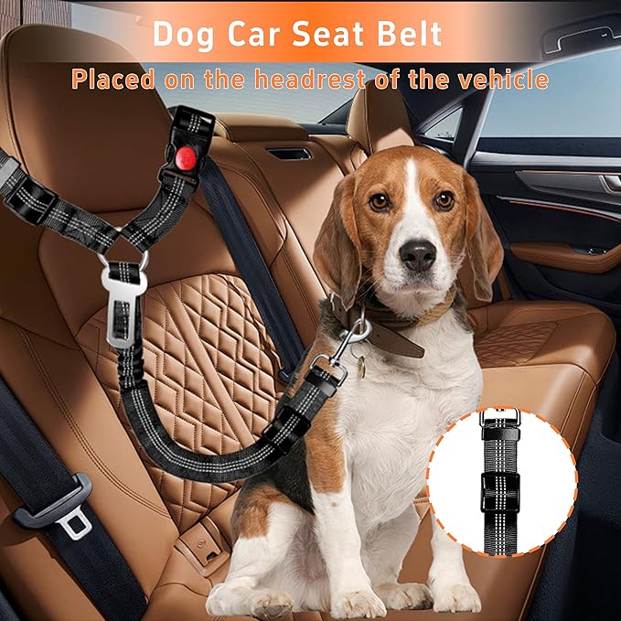 Dog Car Seat Belt Set - 3 Piece Retractable Harness, Adjustable Reflective Seatbelt for Vehicle Headrests, Safety Restraint, Heavy Duty & High Elastics, Black