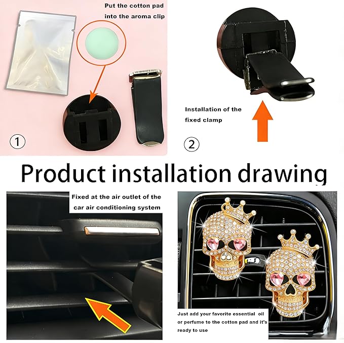 Gothic Skull Car Air Freshener Vent Clips with 2 Pads, Halloween Scented Car Accessories for Men Women, Automotive Interior Decor and Cool Car Fresheners for Men， Spooky Gift Idea-A3