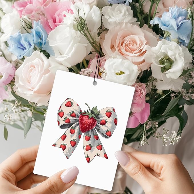 Mancheng-zi Coquette Strawberry Bow Car Air Freshener 3Pcs, Cute Preppy Girly Air Freshener Hanging for Cars Closet Drawer or Books, cute Strawberry Car Accessories Mirror Decor for Women