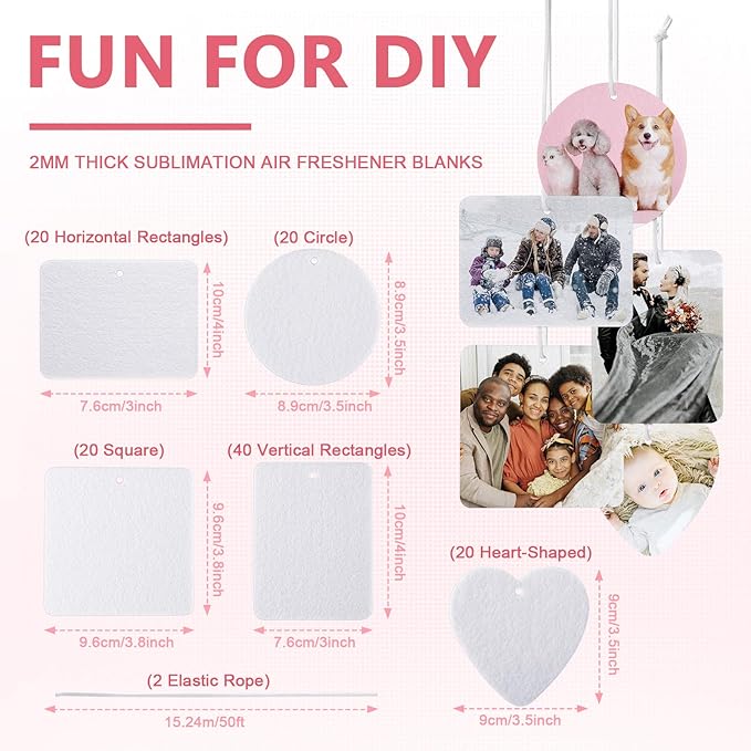 Zonon 120 Pieces Sublimation Air Freshener Blanks DIY Air Freshener Sheets Blank Car Pressed Felt Polyester Laser Cut Blanks for Car Travel Heat Press Ornaments with Elastic Cord, 5 Styles