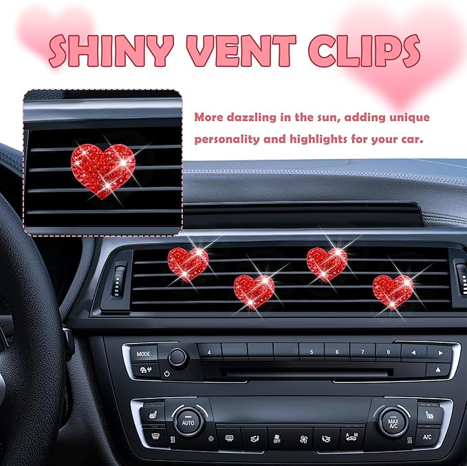 4PCS Heart-Shaped Car Vent Clips with Rhinestone,Bling Air Vent Clips Car Decorations,Premium Shiny Car Clips for Vents Accessories Interior (Red)