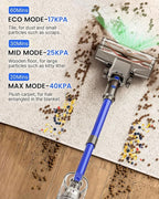 Cordless Vacuum Cleaner,500W 40KPa 60Mins Vacuum Cleaners for Home,Powerful Stick Vacuum With Green Light,Anti-tangle Wireless Vacumm, Rechargeable Vacuum for Pet Hair/Carpet/Hardwood Floor,Blue