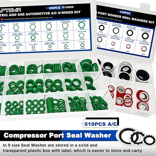 390 PCS Air Conditioning Compressor O Rings and 120 PCS A/C Sealing Washers Kit, 30 Size Air Conditioning Compressor Port Gasket, Repairs Automotive Air Conditioning Systems Bonded Washer