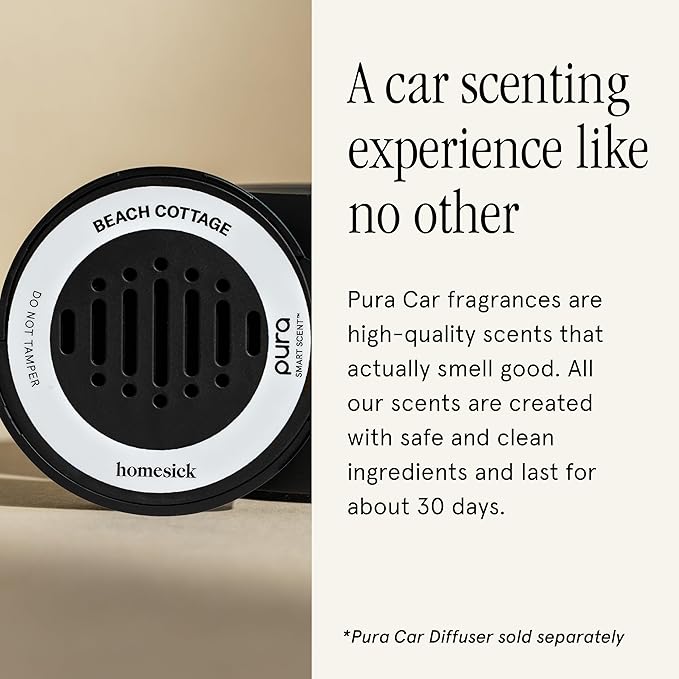 Pura and Homesick - Car Scent Refill for Pura Car Diffusers - Premium Fragrance for Smart Diffuser - Long Lasting, up to 30 Days of Scent - Beach Cottage