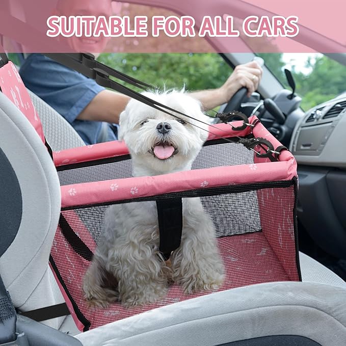 PetsHome Dog Car Seat Foldable Dog Car Booster Seat Waterproof Breathable Oxford Travel Bag for Small to Medium Dogs, Puppies, and Pets-Pattern Pink