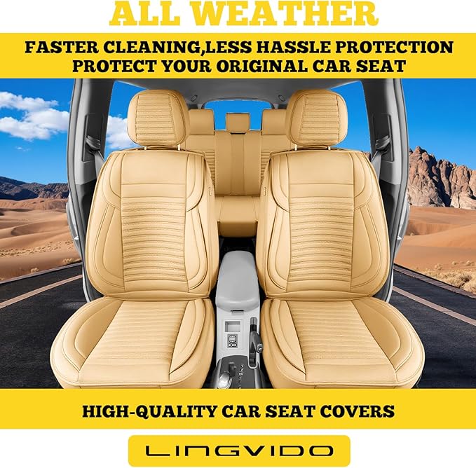 LINGVIDO Full Set Car Seat Covers, Faux Nappa Leather, Airbag Compatible and Waterproof Protectors for Sedans SUVs, Breathable Interior for Active Families, Pets, and Commuters (5 Seats, Beige)