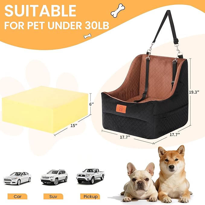Dog Car Seat for Medium Dogs – Premium Pet Booster Seat with Two Pet Safety Belts, Detachable Washable Cover Non-Slip Base, Portable Dog Travel Seat for Road Trips & Daily Errands Up to 35lbs