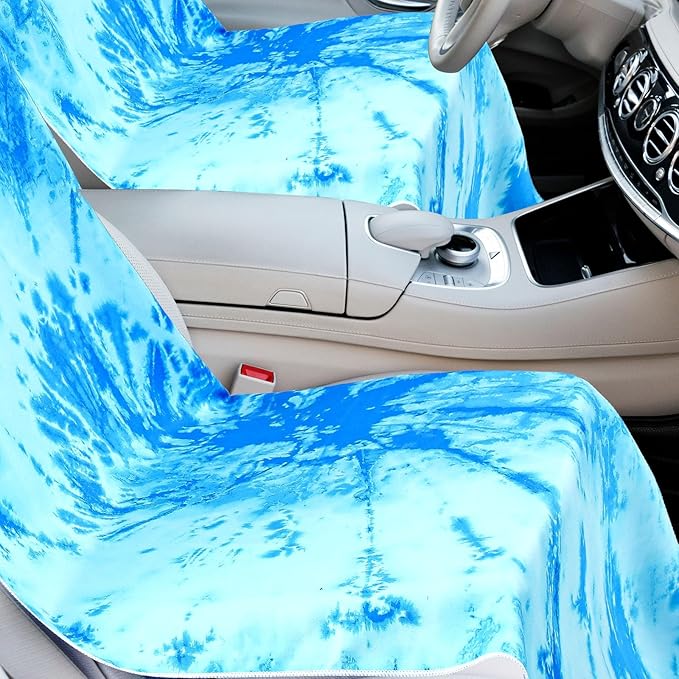 2 Pack Car Seat Towel Covers with Storage Bag 63 x 32 Inch Athletic Running Towel Seat Sweat Washable Non Slip Cover Gift for Car Outdoor Sport Activities (Blue Tie Dye)