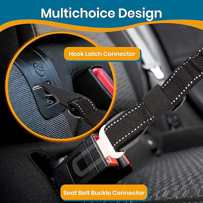 Pawbee 3-in-1 Safety Dog Seat Belt for Cars, Adjustable, Elastic Bungee Harness with Easy Clip for Medium to Large Dogs, 2 Pack