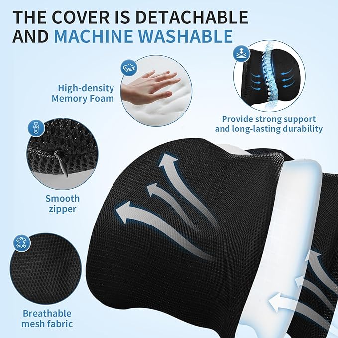 Lumbar Support Pillow for Car, Memory Foam Back Support Lumbar Pillow for Car, Gaming, Office Chair, Ergonomic for Lower Back Pain Relief, Softness Breathable Removable Mesh Cover, Black