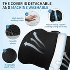 Lumbar Support Pillow for Car, Memory Foam Back Support Lumbar Pillow for Car, Gaming, Office Chair, Ergonomic for Lower Back Pain Relief, Softness Breathable Removable Mesh Cover, Black