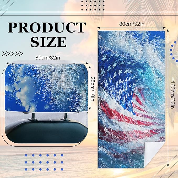 1 Pack Car Towel Seat Covers with Storage Bag, Multifunctional Towel for Gym Outdoor Sport, Picnic, Beach, Pet Dog Travel,Non-Slip Washable Car Seat Protector (Flag Waves)