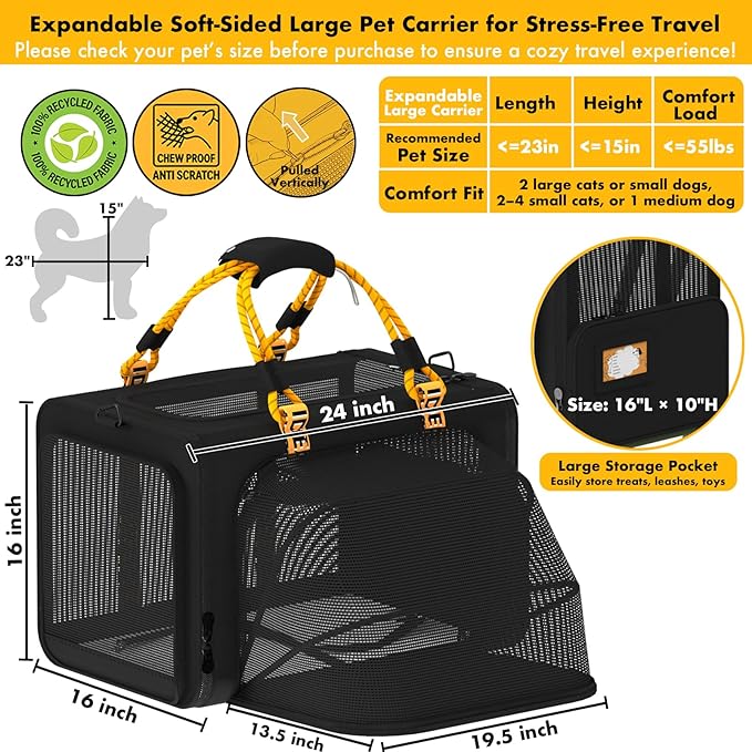 PAWZIDEA Large Pet Carrier Expandable, 24"×16"×16" Soft-Sided Cat Carrier for 2–4 Cats up 55lb, Portable & Collapsible Small Medium Dog Travel Crate for Car, XL Storage Pocket, ID Card, Shoulder Strap