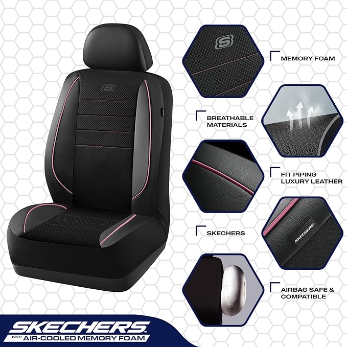 Skechers Air-Cooled Memory Foam Seat Covers,Mesh Thick Car Seat Covers,Piping Leather Car Seat Covers Front Seats,Airbag Compatible,Automotive Comfort Universal FitMost Cars,Vans,Truck,SUV,Pink