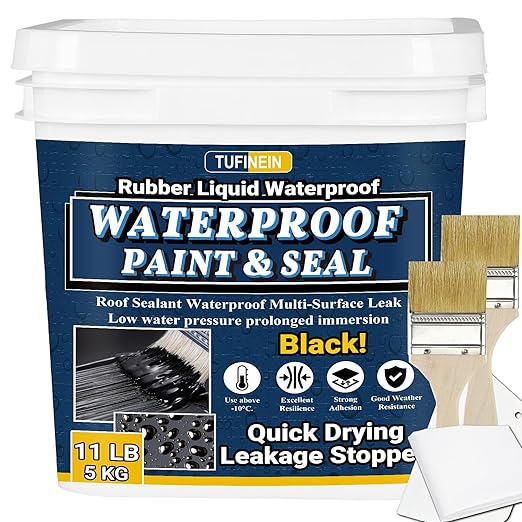 Rubber Liquid Waterproof Sealant, TUFINEIN 11 LB/5 KG Black Quick Drying Multi Surface Foundation Leak Repair - Roof Gutters Basement Sealer Waterproof - Indoor & Outdoor Flexible Rubber Paint