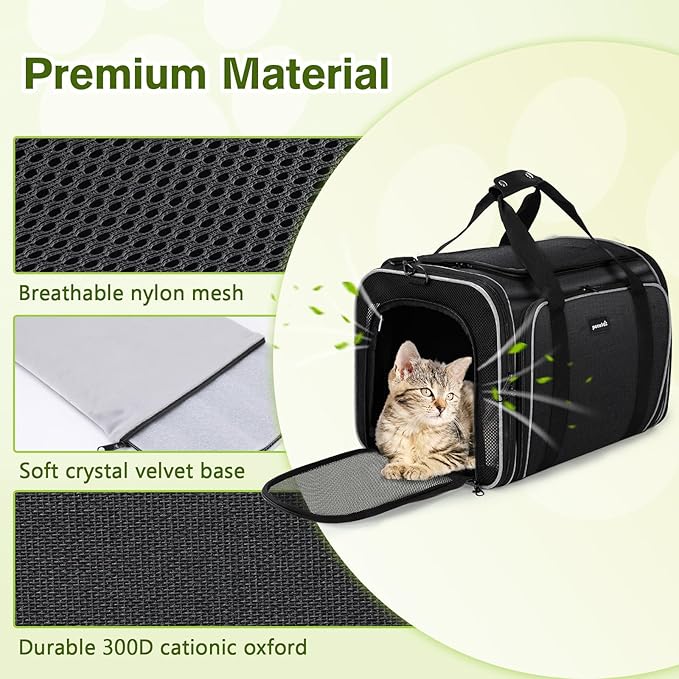 Pecute Cat Carrier Expandable, Extra Large Pet Carrier Bag, Foldable Cat Carrier Bag with Breathable Mesh, Pet Carrier Transport Bag for Dogs and Cats, with Shoulder Strap and Pet Bowl, Black