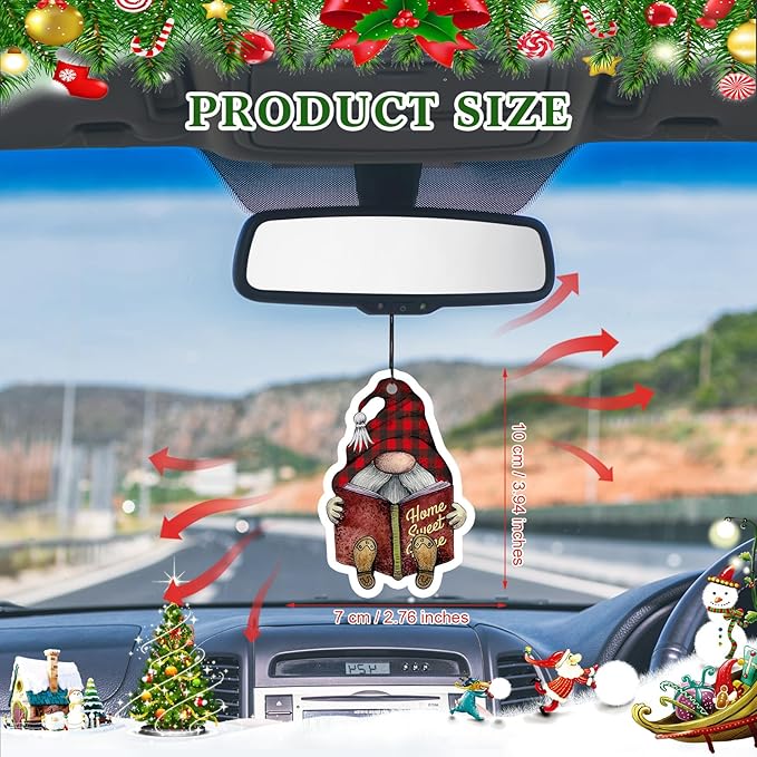 12 Pcs Christmas Car Air Freshener Bulk Scented Christmas Tree Ornaments Buffalo Plaid Gnomes Snowman Bow Hanging Decoration Car Scented Automotive Interior for Stocking Stuffers Party Gift