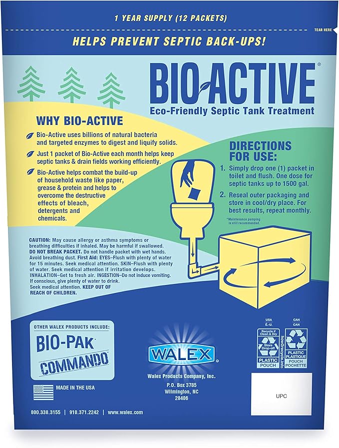 Walex Bio-Active Home Septic Tank Treatment-Strong Digestive Power with Beneficial Bacteria & Enzymes for Liquefying Solids & Breaking Down Waste,Odor Neutralizer -1 Year Supply,12 Counts(Pack of 12)