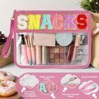 Snack Bag for Travel - Clear Chenille Varsity Letter Flat Pouch with Zipper, 12.2×8.46 inch Waterproof Clear Nylon Preppy Patch Makeup Cosmetic tote Bags for Women Girls