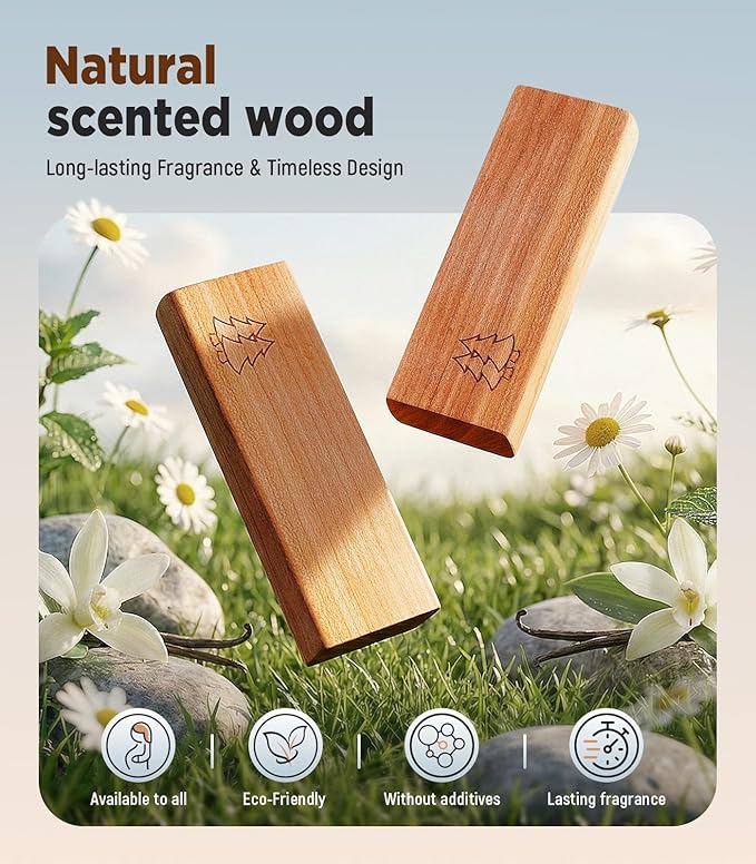 Natural Wooden Car Air Freshener for Vent Clips- Cherry/Vanilla/Bubblegum Scents, Long-Lasting Odor Eliminator with Metal Clip, 3 Refillable Wood Chips for Cars/Trucks/SUVs