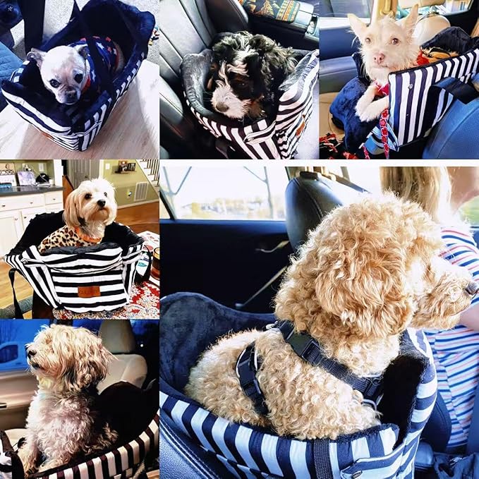 Cullaby Dog Car Seat for Small Dogs Under 15 lbs – Center Console Pet Carrier with Safety Belt, Storage Pockets, Removable Washable Cover – B&W Stripes, Secure & Comfortable for Small Puppies/Cats