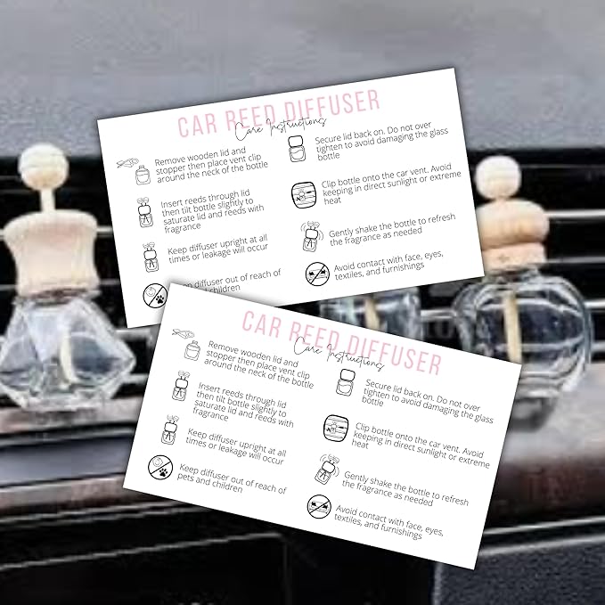 Reed Vent Car Oil Diffuser Care Instruction Card | 50 pk 2x3.5” Freshie Wood Top Car Freshie Insert Package for Selling to DIY Customers