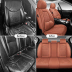 WELLDO Car Seat Covers Full Set, Leather Seat Covers for Car, Waterproof Car Seat Protector with Lumbar Support, Automotive Seat Covers Universal Fit for Most Cars SUV Truck, Brown