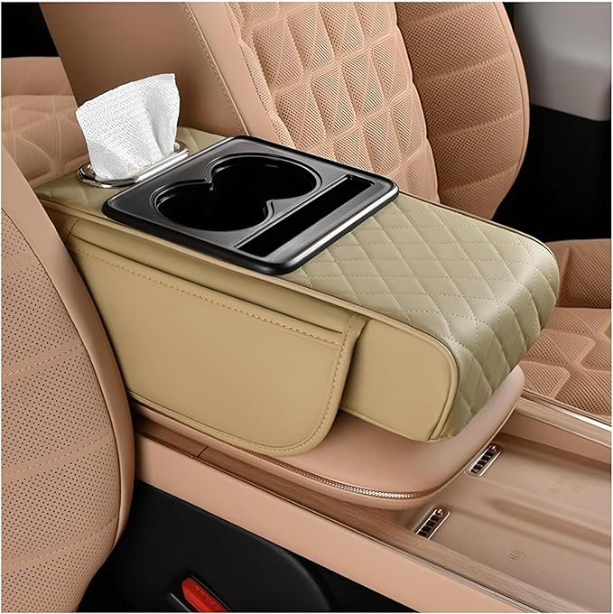 Car Center Console Armrest Pillow, Memory Foam Leather 4 in 1 Vehicle Arm Rest Cover with Tissue Box 2 Side Storage Bag Cup & Phone Holder, Auto Armrest Cushion, Universal Fit (Beige)