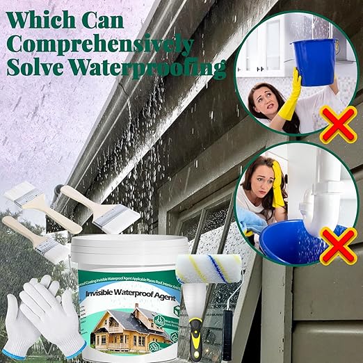 3Kg/106Fl.oz Invisible Waterproof Agent Indoor&Outdoor Waterproof Coating Set Transparent Liquid Sealant with Wooden Brush Resistant Work Gloves Putty Knife Cut Paint Roller