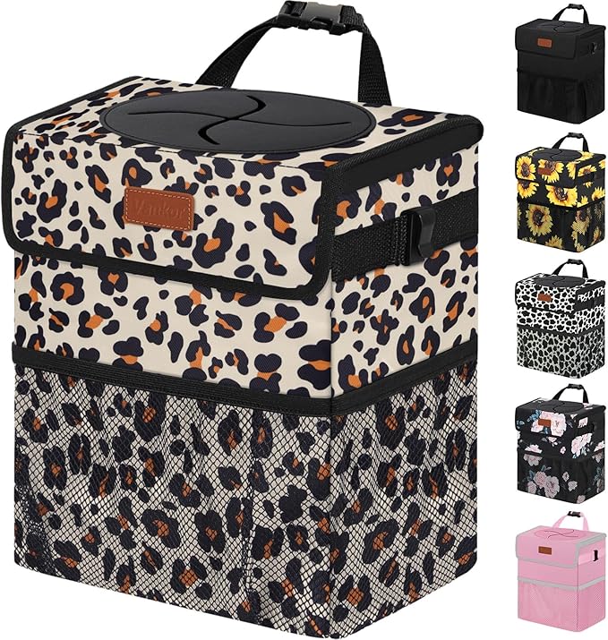 Cute Car Trash Can, Car Accessories for Women Interior Can Trash Bag Hanging Automotive Garbage Cans Leopard Pattern