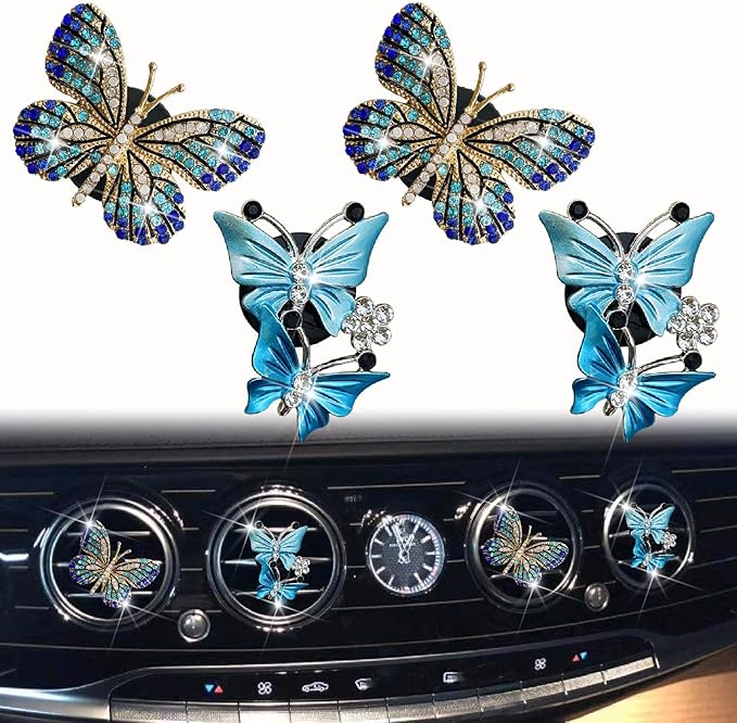 4 Pcs Blue Bling Butterfly Car Air Fresheners Vent Clips Diffuser Vent Clip Rhinestone Diamond Decoration Car Interior Decor Cute Accessories for Women, Automotive Air Fresheners（2 styles）