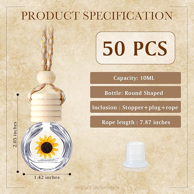 BBTO 50 Pcs Hanging Car Air Freshener Car Diffuser Bottles Empty Glass Perfume Bottle Freshener Diffuser Bottle Pendant for Essential Oil Fragrance Aromatherapy Ornament(Clear,Sunflower)