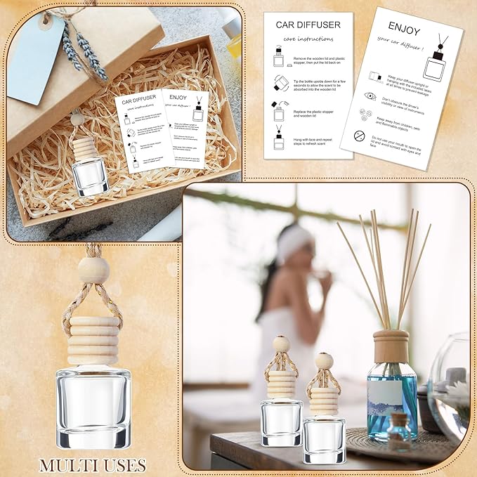 300 Sets Car Diffuser Bottles Empty Bulk Hanging Car Air Freshener Diffuser Bottles Glass Perfume Holder with Instruction Cards for Essential Oil Wedding Bridal Birthday Gifts (Cylindrical)