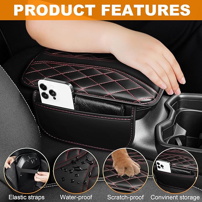 Car Center Console Cover Fit for Jeep Renegade - Leather Armrest Covers with 2 Storage Pockets(Black&Red)