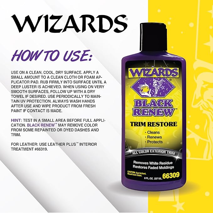 Wizards Black Renew Trim Restorer Treatment - Removes White Residue and Restores Faded Moldings -Car Interior Detailing Kit For All Smooth and Textured Trim, Plastic and Rubber Surfaces - 8 oz