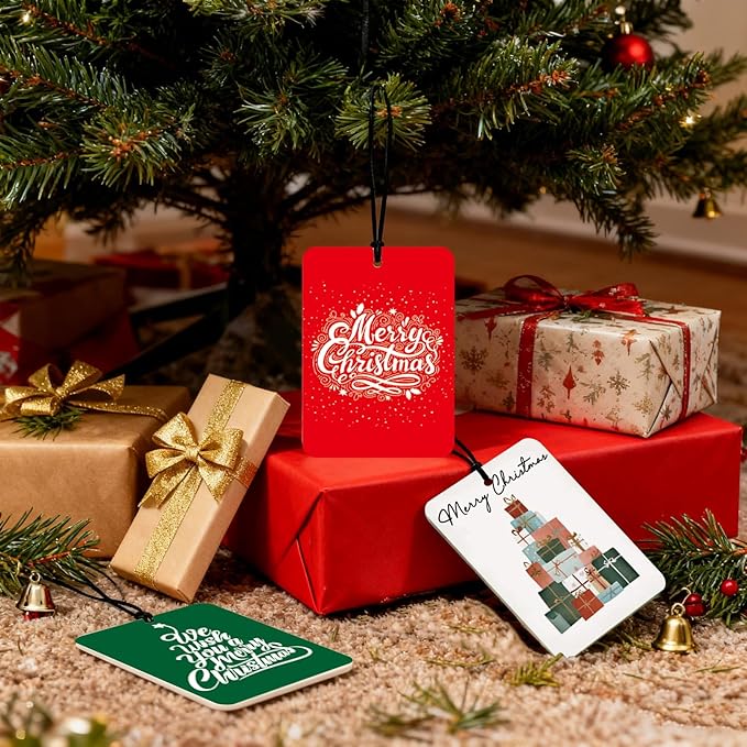 Modern Christmas Car Air Fresheners 4 Pcs, Minimal Holiday Merry Christmas Tree Gift Stack Hanging Air Freshener Set, Neutral Festive Car Accessories for Women