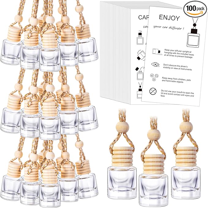 100 Sets Car Diffuser Bottles Empty Bulk Hanging Car Air Freshener Diffuser Bottles Glass Perfume Holder with Instruction Cards for Essential Oil Wedding Bridal Birthday Gifts (Cylindrical)