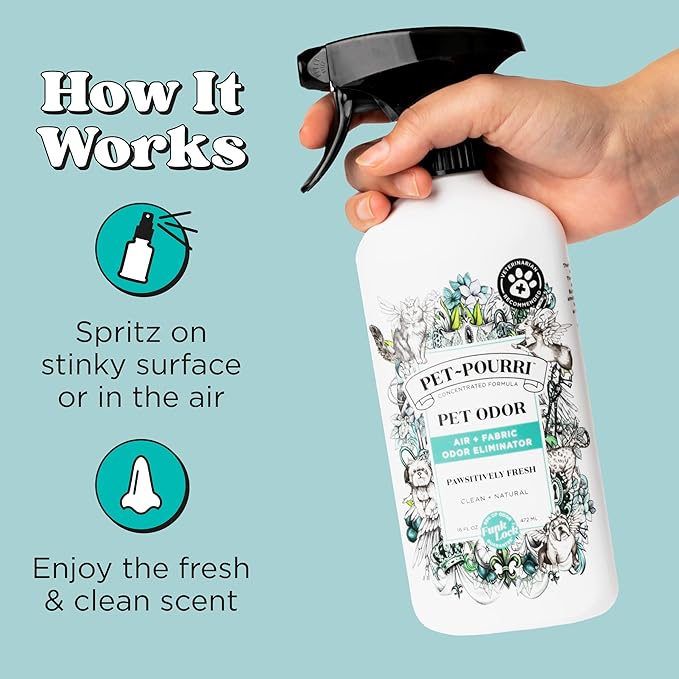 Pet-Pourri Pawsitively Fresh Pet Odor Deodorizer Spray, 16 Fl Oz, Up to 800 Uses, Air + Fabric Odor Remover with Essential Oils & Plant Based Ingredients, Vet Recommended, Pineapple, Jasmine & Pear