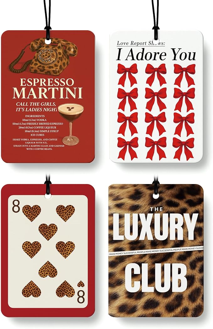 Trendy Leopard Print Car Air Freshener 4 Pcs, Red Coquette Bow Espresso Martini Poker Hanging Air Freshener for Cars Closet Drawer Books, Girly Car Accessories Mirror Decor for Women
