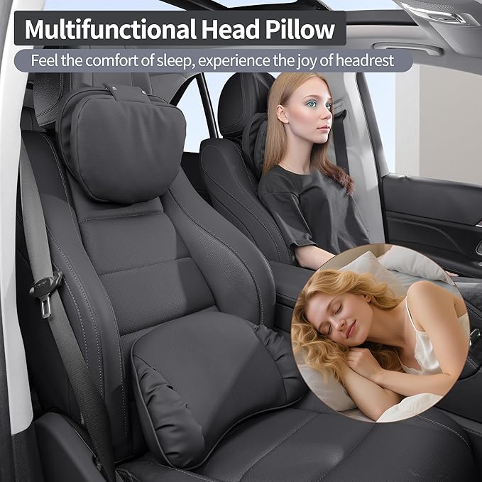 Car Headrest Pillow for Driving, Dual-Sided Leather Design Neck Pillow, Breathable Softness Neck Support, Universal Fit Head Rest Travel Pillow, Black, 2 Pack