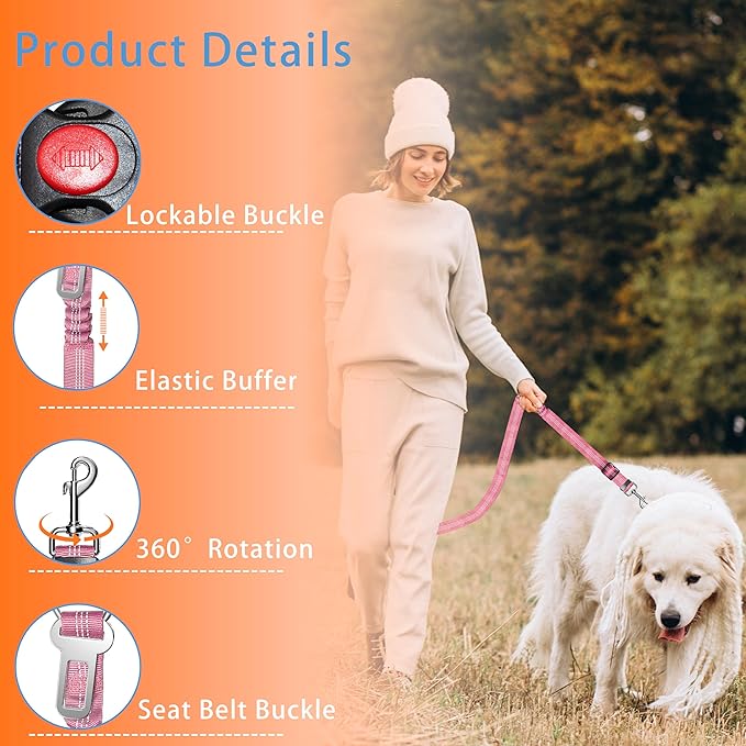 3-Piece Dog Car Harness Set - Retractable, Adjustable, Reflective Dog Seatbelt for Vehicle Headrests - Heavy Duty & High Elastic, Pink