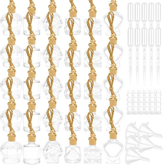 30 Pcs Clear Glass Car Air Freshener Diffuser with Wooden Caps & Hanging String, Empty Essential Oil Bottles Aromatherapy Fragrance Perfume Vials Holder for Car Decor