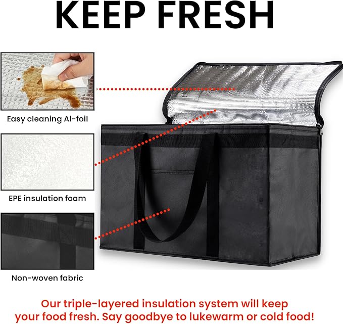 NZ home Insulated Bags for Food Delivery (2XL) Grocery Shopping Cooler Bag, Pizza Delivery, Hot & Cold Catering Tote, Reusable, Foldable & Heavy Duty (Red)