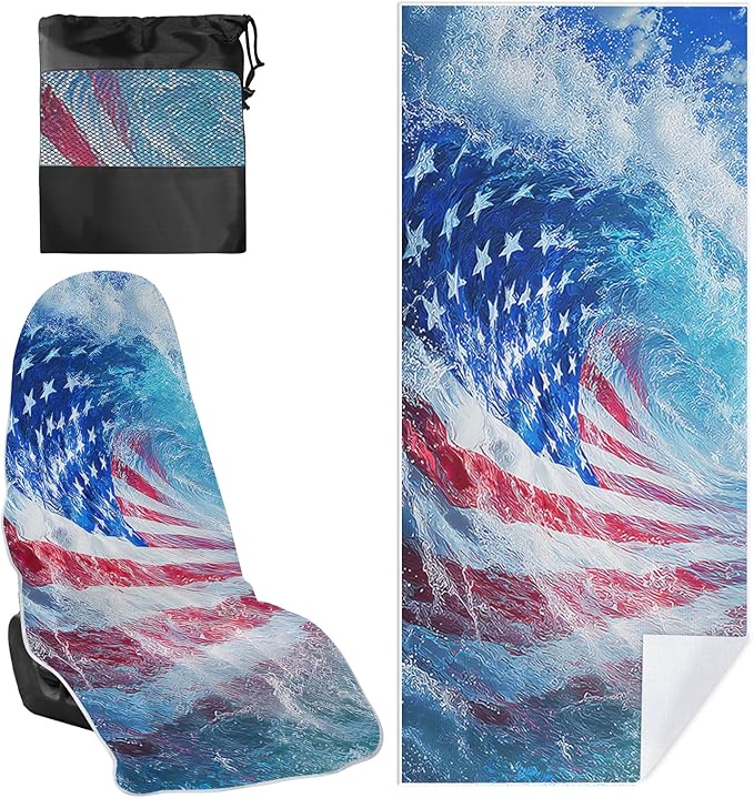 1 Pack Car Towel Seat Covers with Storage Bag, Multifunctional Towel for Gym Outdoor Sport, Picnic, Beach, Pet Dog Travel,Non-Slip Washable Car Seat Protector (Flag Waves)