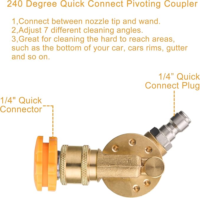 Pressure Washer Pivoting Coupler, 1/4” Quick Connect Gutter Cleaner Attachment, 240 Degree with 7 Angles for Power Washer Spray Nozzle, 4500PSI