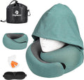 Travel Pillow - Hooded Neck Pillow Airplane Memory Foam Filling for Plane, Office, Cars Sleeping, Road Trip, Long Flights, Portable Plane Accessories, Includes Eye Mask & Earplugs (Green)